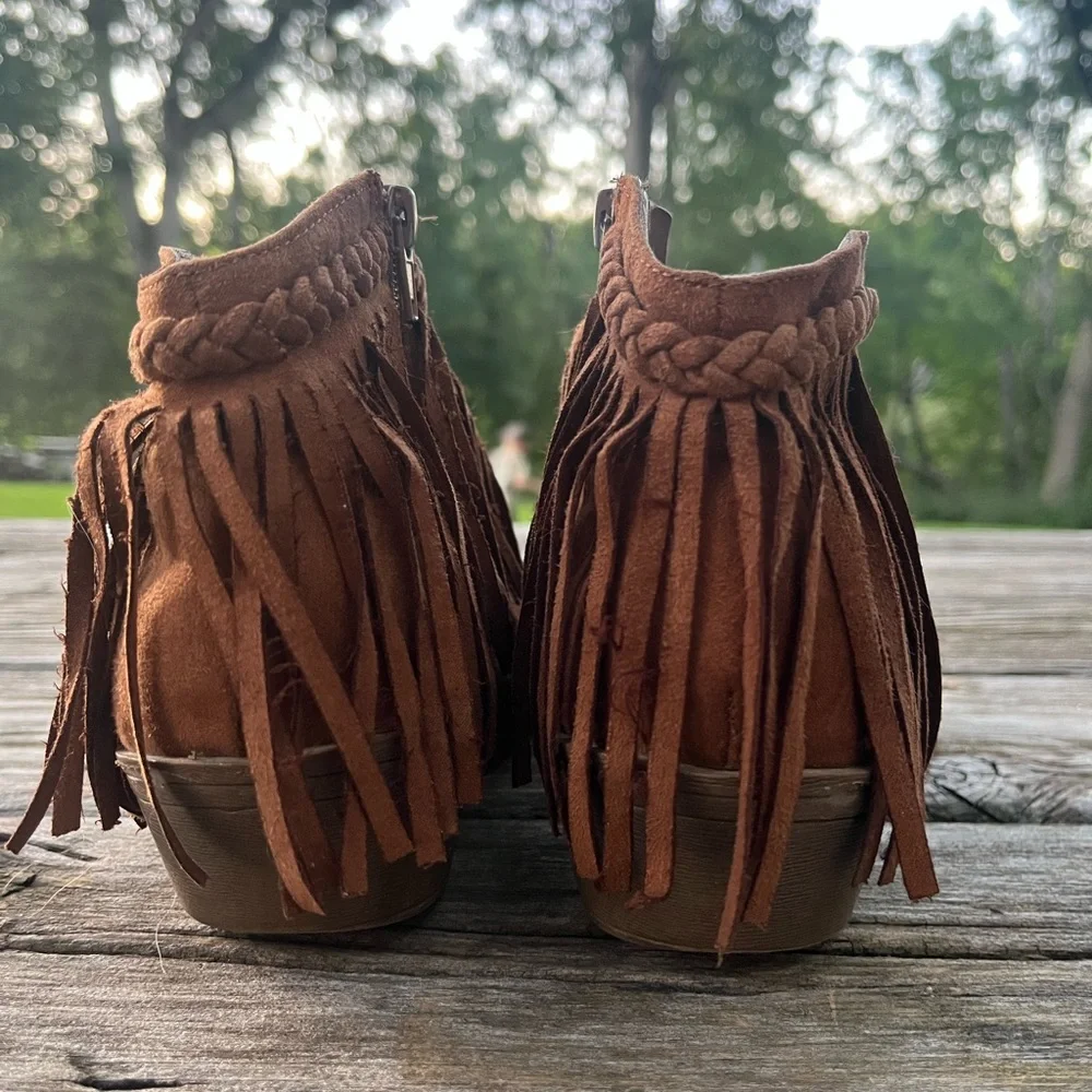 Girls’ Brown Suede Fringe Ankle Boots Tan Cowgirl Size5